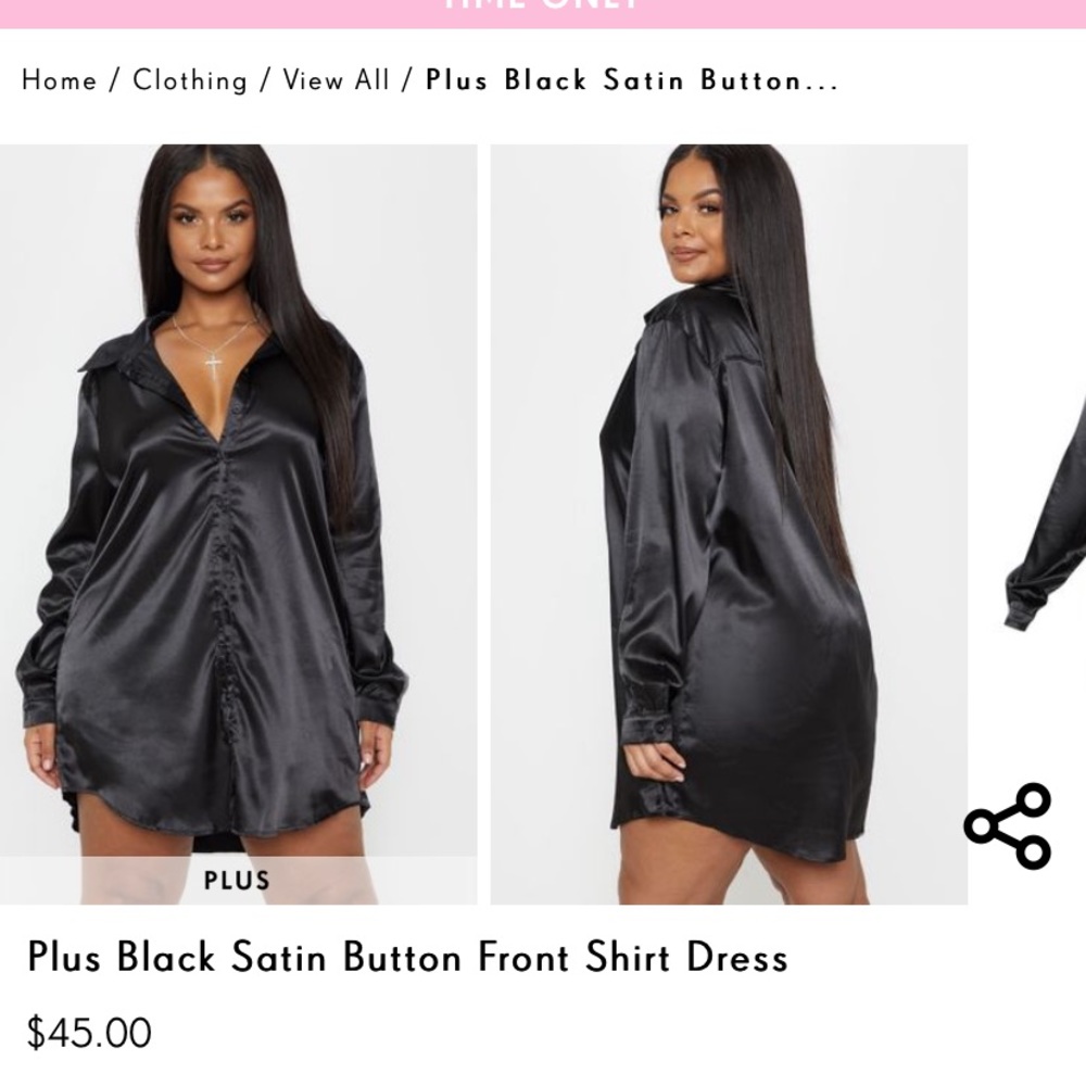 Plus Black Satin Button Front Shirt Dress